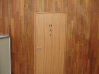 hellbraune Tür in einer etwas dunkleren braunen Wand, auf der Tür sind Symbole für Toiletten und Wickelraum