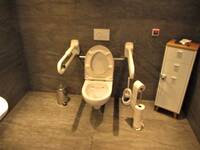 Eine weiße Toilette an einer dunklen Fliesenwand mit Haltegriffen auf beiden Seiten. Rechts neben der Toilette steht eine schmale, weiße Kommode