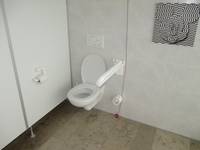  weißes Hänge-WC mit Haltegriff rechts, links von der Toilette nach wenigen Zentimetern eine Wand mit WC-Papierrolle. Rechts an der Rückwand hängt ein Bild
