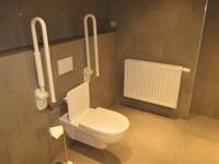 Eine weiße Toilette mit je einem Haltegriff auf jeder Seite an einer dunklen Wand