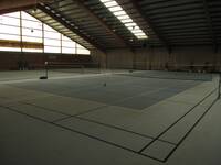 Eine große blaue Fläche mit verschiedenen Linien für Badminton und Tennis.
