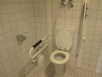 Eine weiße Toilette mit Haltegriffe rechts und links und einem Spülkasten dahinter.