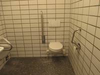 weißes Hänge-WC an einer weiß gekachelten Wand, rechts davon ein schräger fest montierter Haltegriff, links davon ein hochgeklappter Haltegriff, ganz links an der Wand ein Pissoir